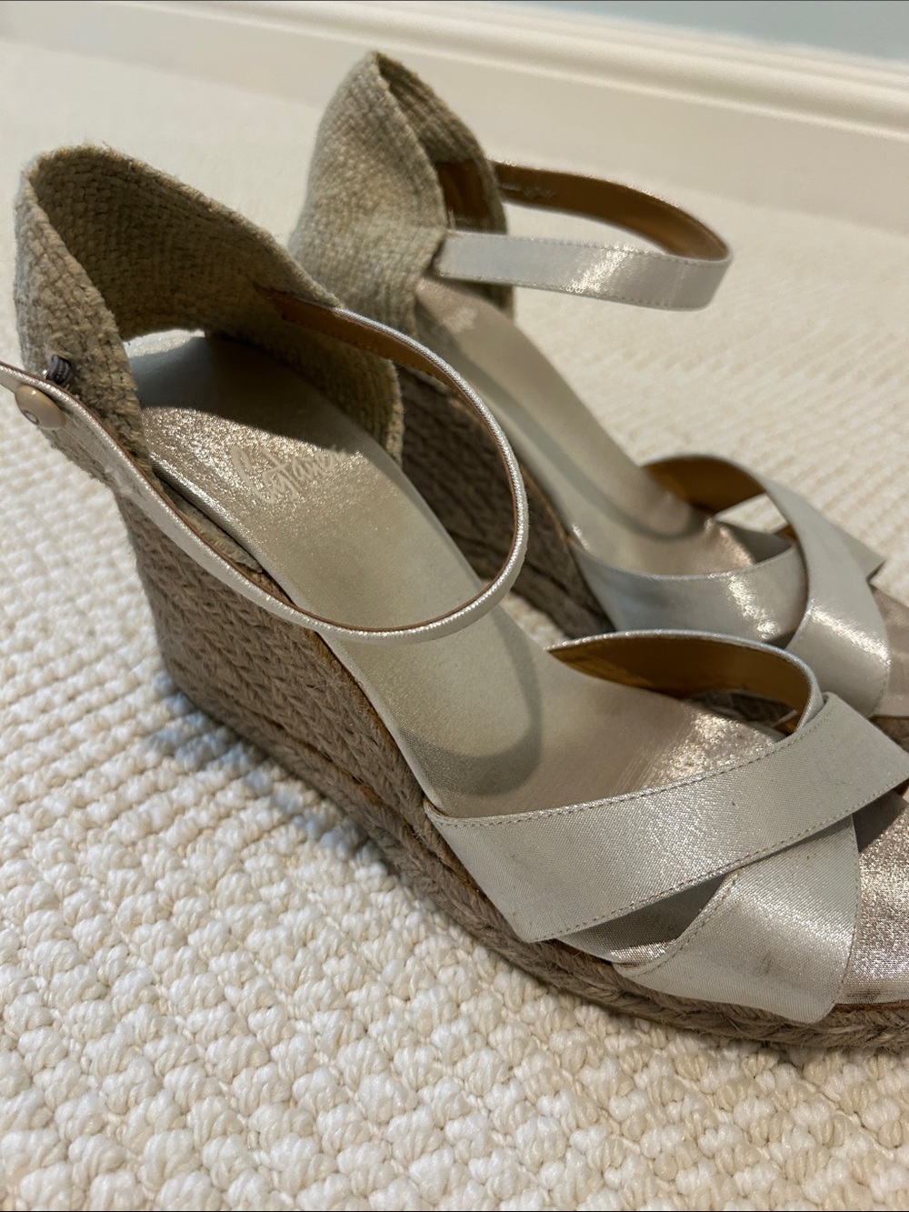 Castaner Metallic Cream Espadrille Wedge Sandals with Ankle Strap